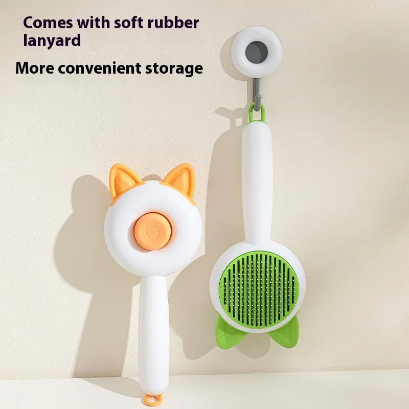 Self-cleaning pet grooming comb with stainless steel pins and massage tips in greenish white colour
