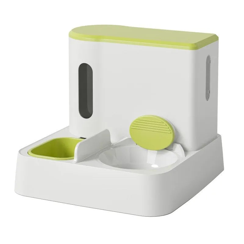 Automatic cat feeder with integrated water dispenser double bowl in grey, yellow or green colours