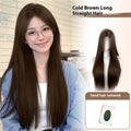 Full-head forehead lace wig with mid-length straight black hair and styling accessories
