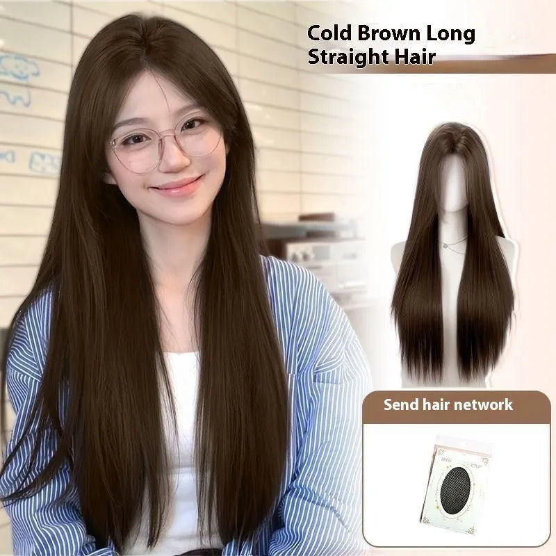 Full-head forehead lace wig with mid-length straight black hair and styling accessories