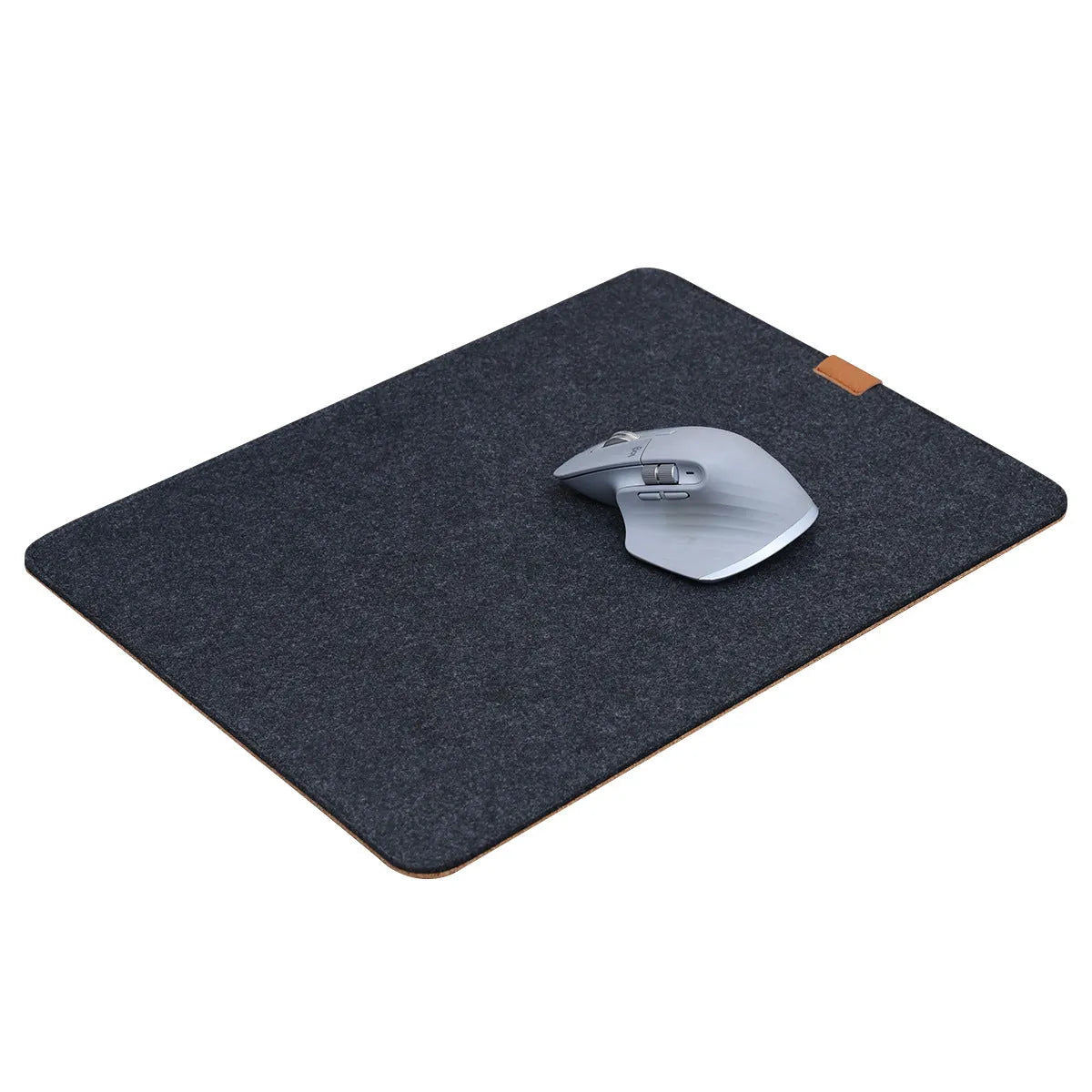 Medium grey felt cork oversized desk mat with Japanese style simple design on a wooden desk.