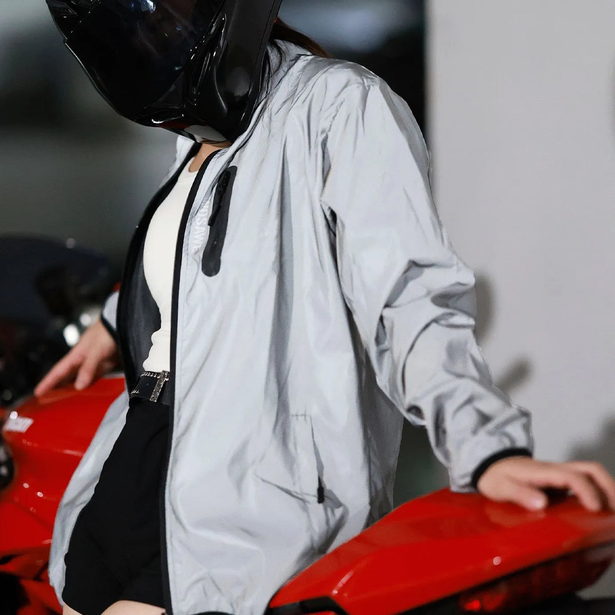 Silver waterproof polyester long sleeve windproof jacket showing size options