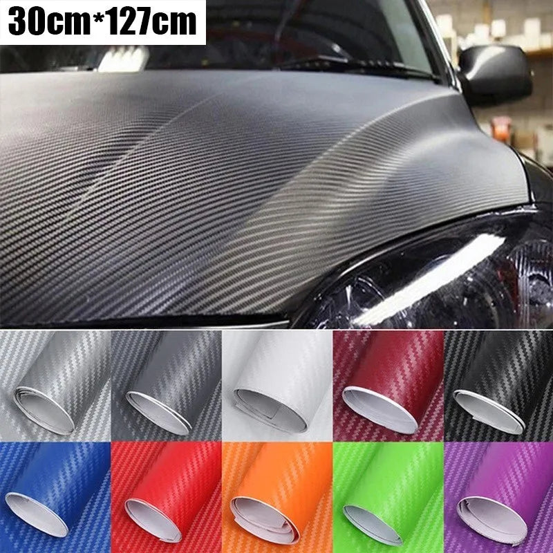 Roll of 3D carbon fibre sticker for car decoration in various colours, measuring 30cm by 127cm
