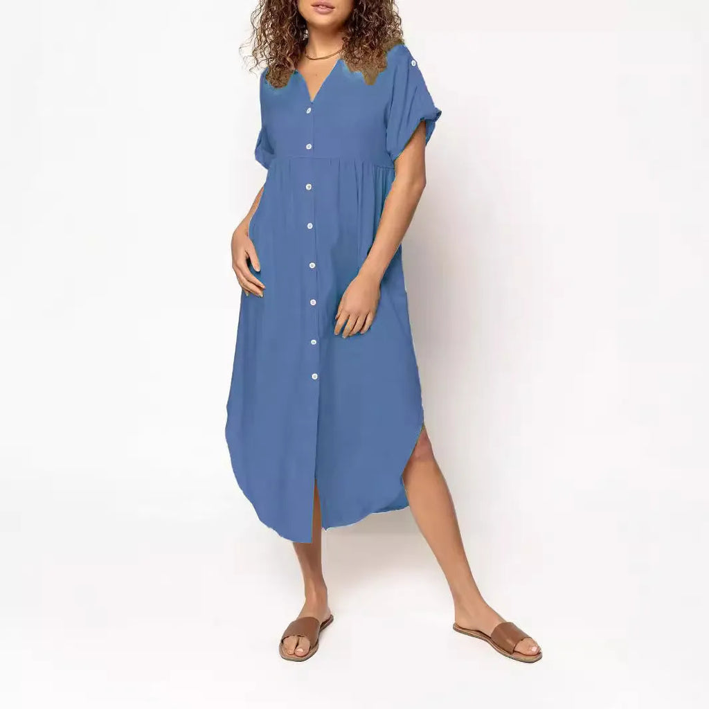 Women's loose casual button-front mid-length dress in solid colour on a hanger.