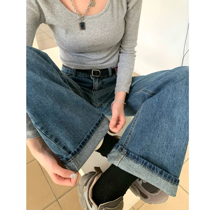 Women's retro blue straight-leg jeans with high waist design in three length variations