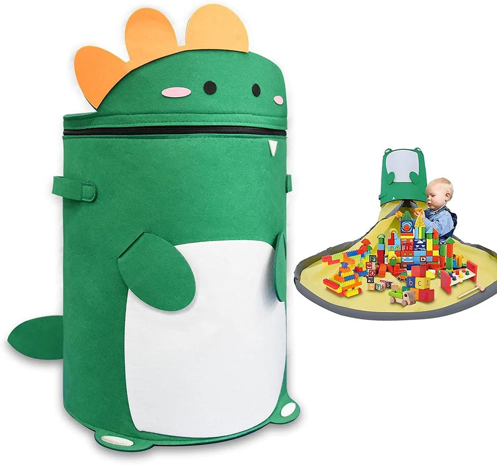 Green felt cube storage bag open showing toys inside, laying flat as play mat
