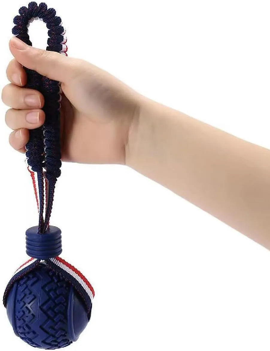 Blue rubber dog ball with attached rope toy for tug of war and dental cleaning