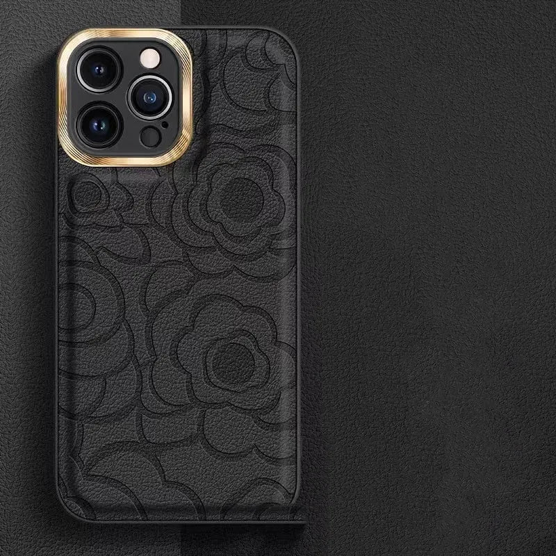 Camellia leather pattern phone case for iPhone 11-15, showing decorative design and protective shell.