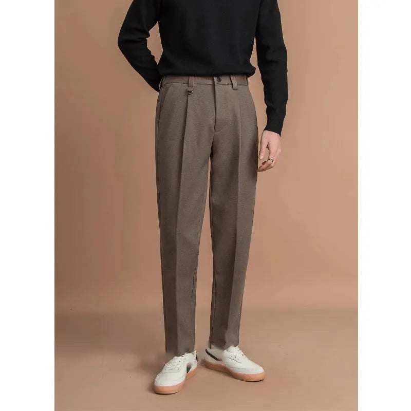 Men's straight-leg business casual trousers in polyester fabric with draped cut