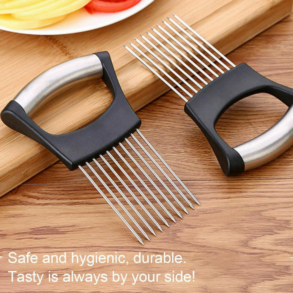 Stainless steel onion slicer with white ABS handle on a kitchen counter