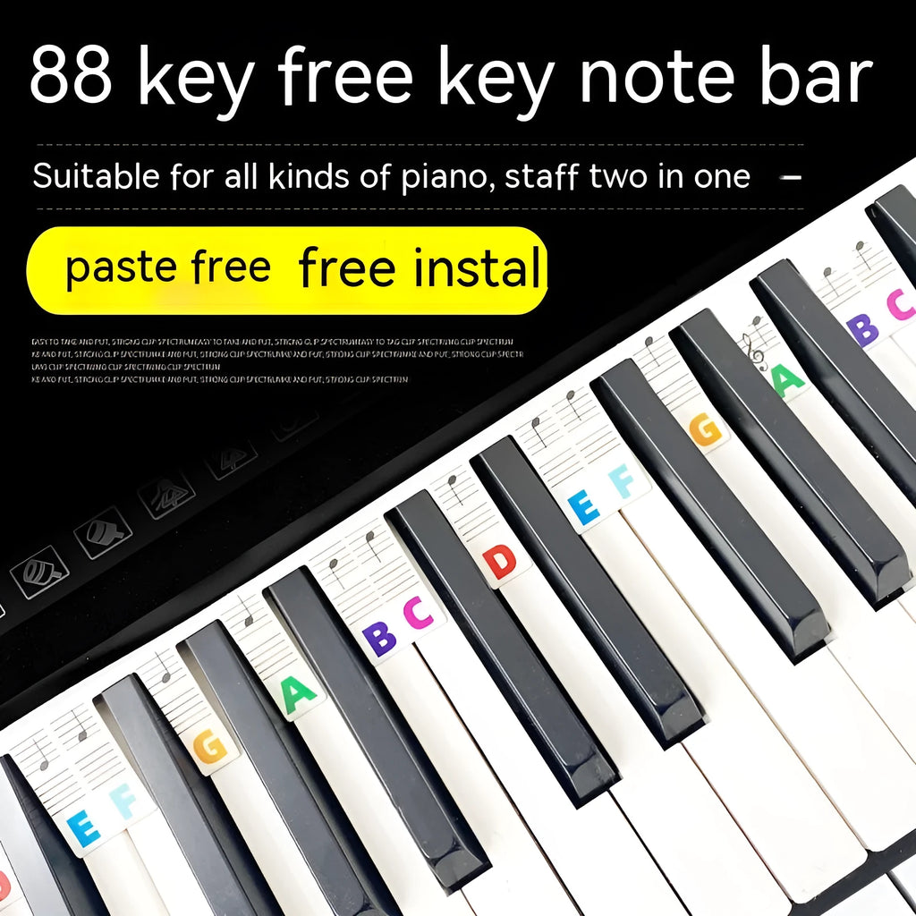 88 key piano note stickers with staff notation and coloured bars on white cardboard