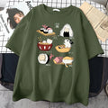 Mens black cotton t-shirt featuring a colourful cat sushi cartoon graphic on the front.