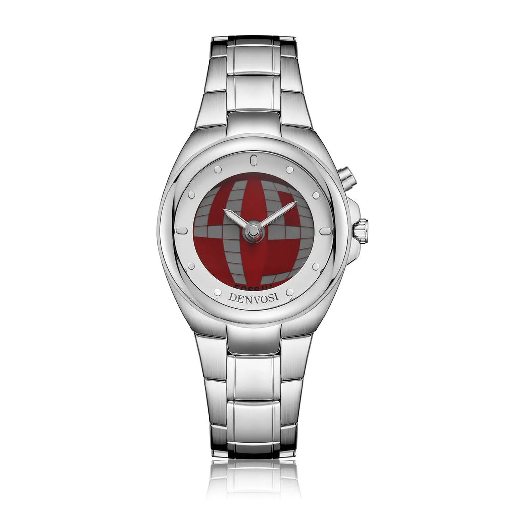 Y2K vintage digital watch with dual display showing 40mm red face and alloy strap