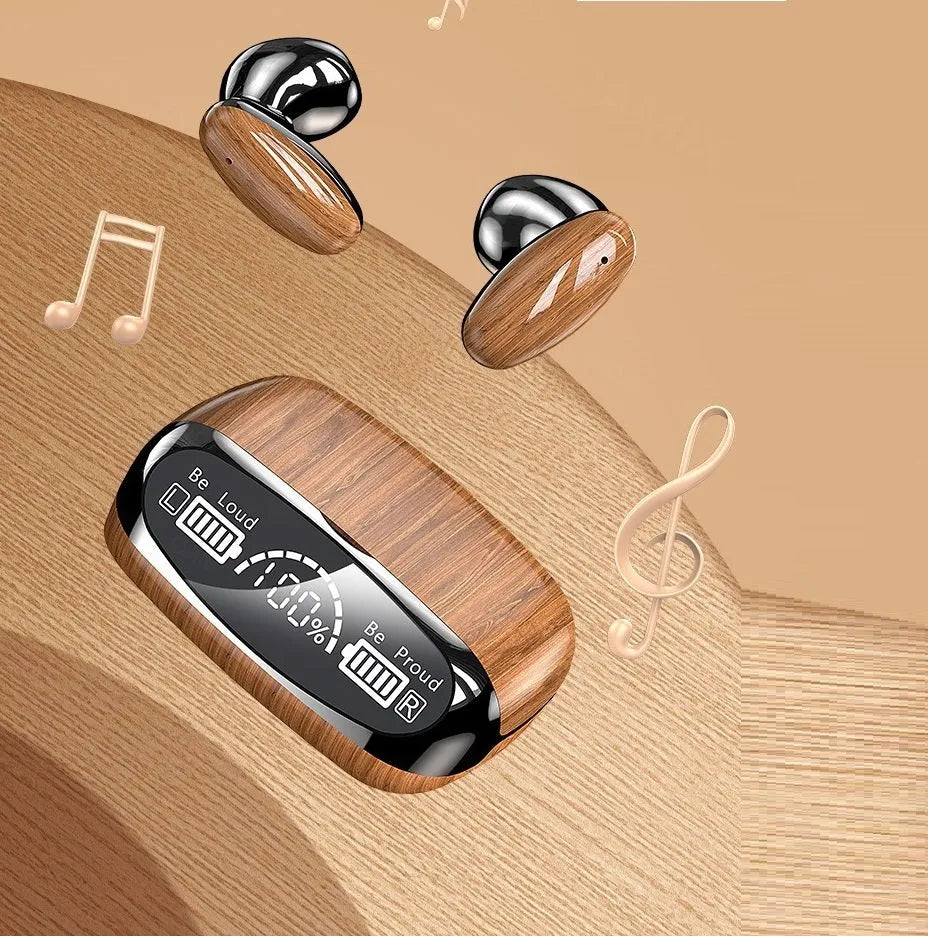 M35 wood grain finish true wireless stereo Bluetooth headset with charging case on display.