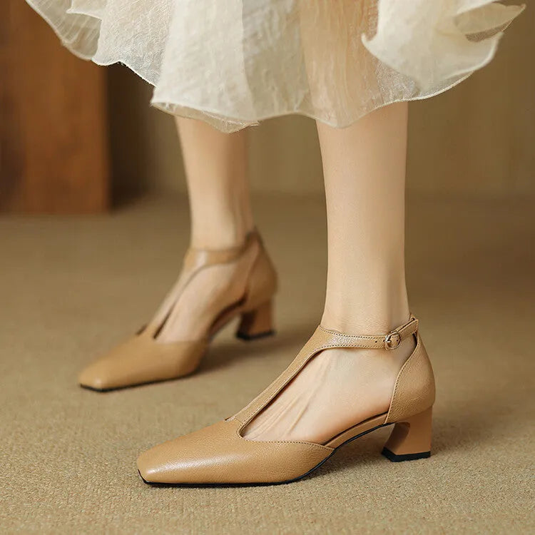 French retro square toe chunky heel shoes in sheepskin leather with buckle fastening