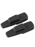 Two black ABS plastic universal car seat belt stopper clips on a grey background.
