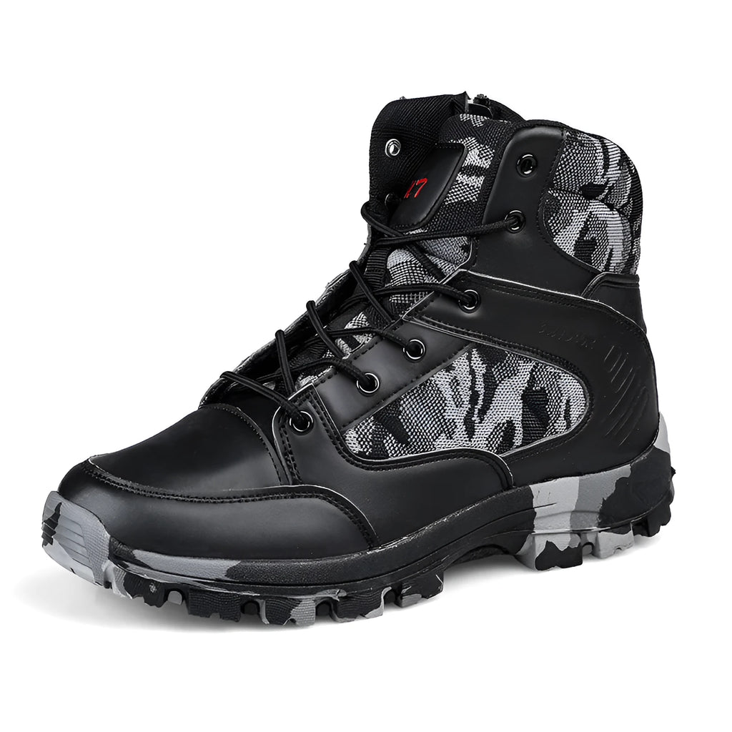 Men's black and camouflage high-top hiking shoes with PU upper and metal hardware detailing