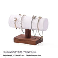 Walnut bracelet display stand with I-shaped solid wood frame and short cylinder, shown in beige velvet, dark grey, or white leather.
