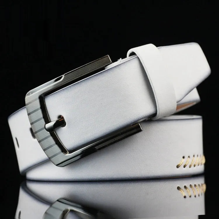 Men's retro threading pattern casual belt with pin buckle in black, brown and white colour options