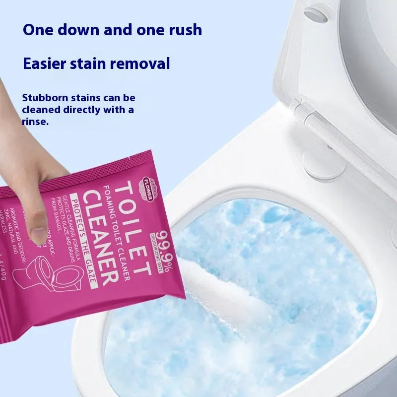 Toilet bubble powder in blue ocean or pink floral scent, in a large bag or box of 5 sachets, for descaling and anti-blocking.