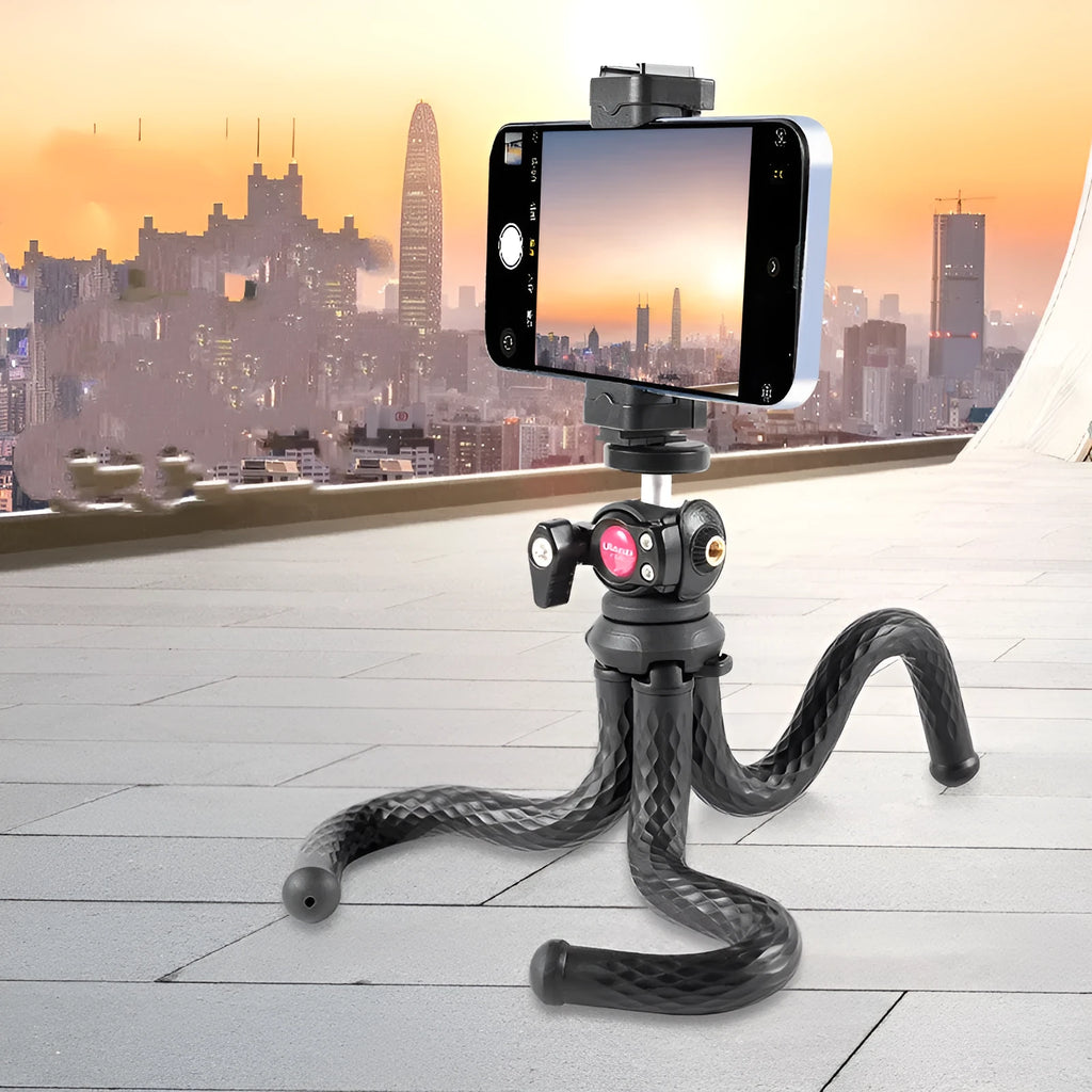 Black octopus-style mobile phone tripod set with aluminium legs and phone clip extended to 360mm