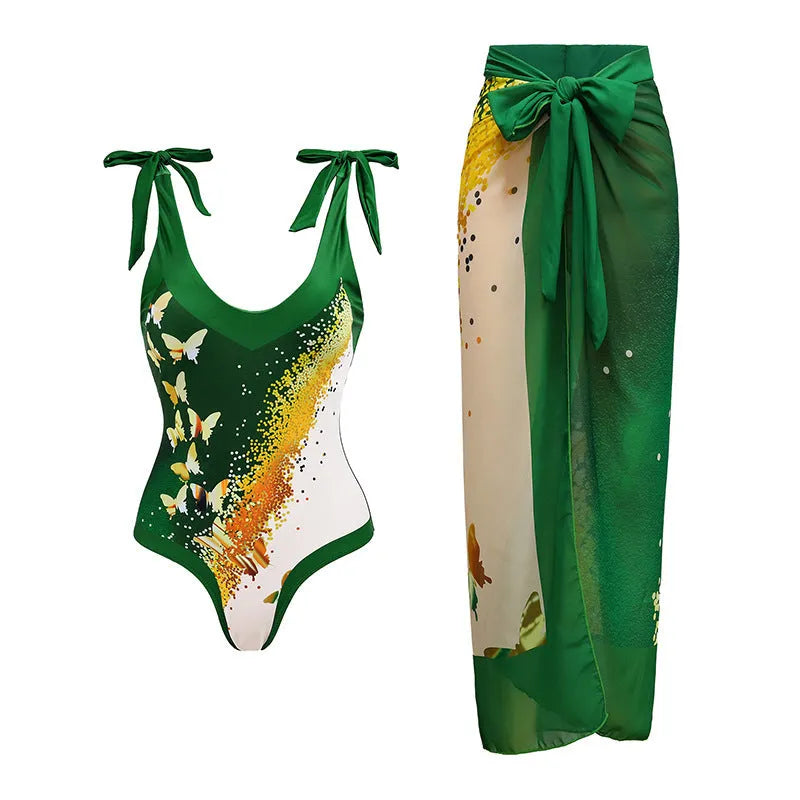 Women's solid colour one-piece swimsuit with spaghetti straps and detachable skirt