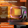Compact white desktop electric heater with rotatable body and push-button controls.