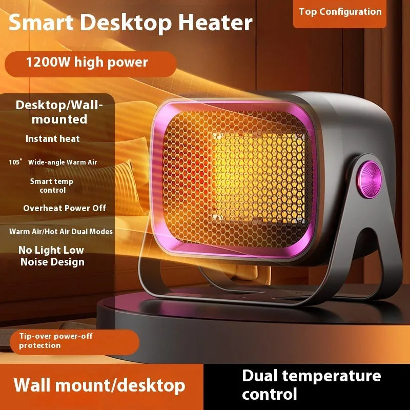 Compact white desktop electric heater with rotatable body and push-button controls.