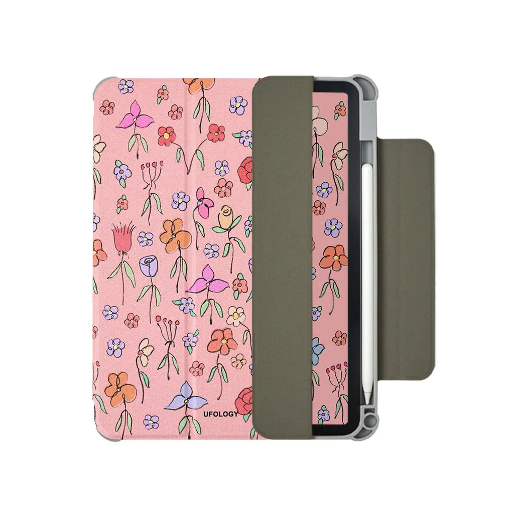 Magnetic flat-shell protective case for iPad Air 5 and Air 4 tablets, showing polyurethane construction and clip.