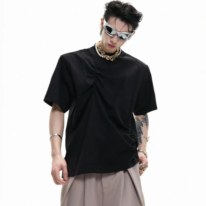 Men's white cotton T-shirt with three-dimensional pleated design and asymmetric stitching details