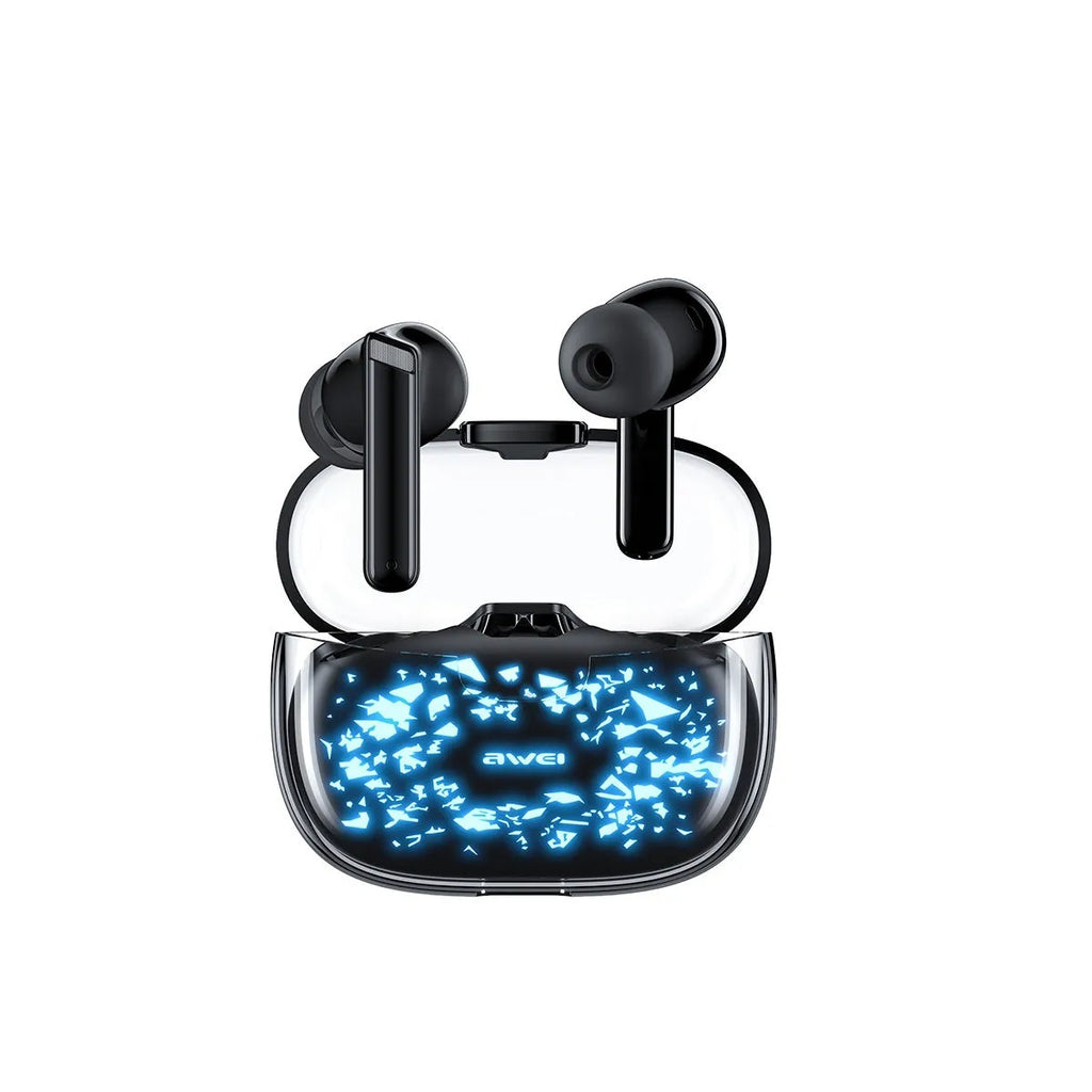 TWS Bluetooth earbuds in T52 transparent black with PC ABS housing and 10m range