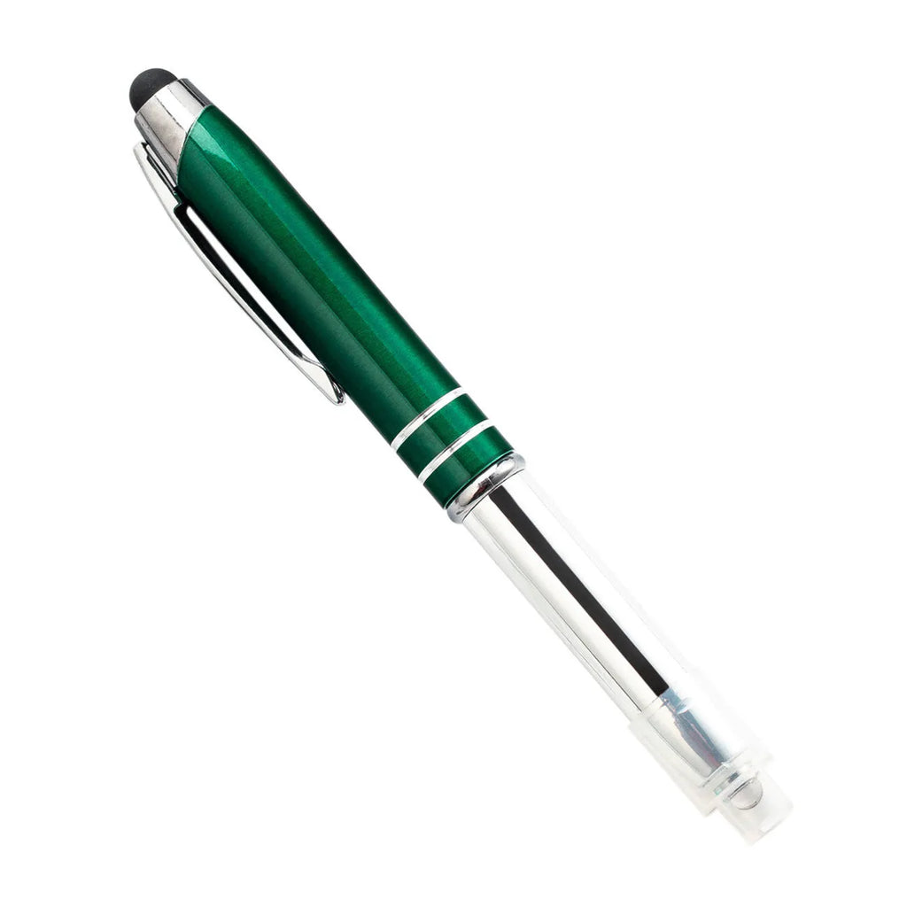 Multifunctional metal capacitive stylus ballpoint pen with LED light in red, black, white, green, and blue colours.
