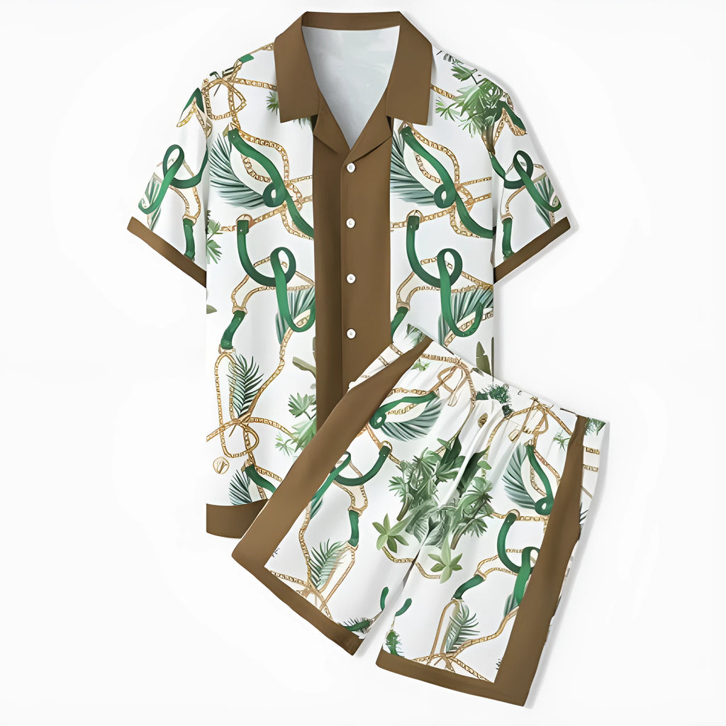 Plaid print beach outfit set for men and women, featuring a short sleeve shirt and matching trousers on a hanger.