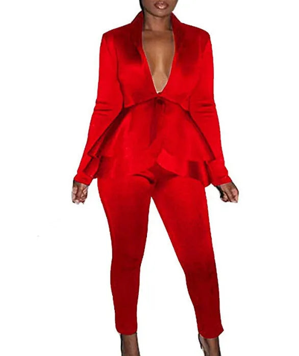 Women's ruffled air layer business casual top and pencil pants set in multiple colours