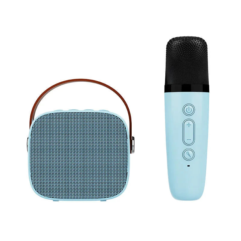 Compact Bluetooth portable speaker with microphone in white, pink, or blue colours showing USB port