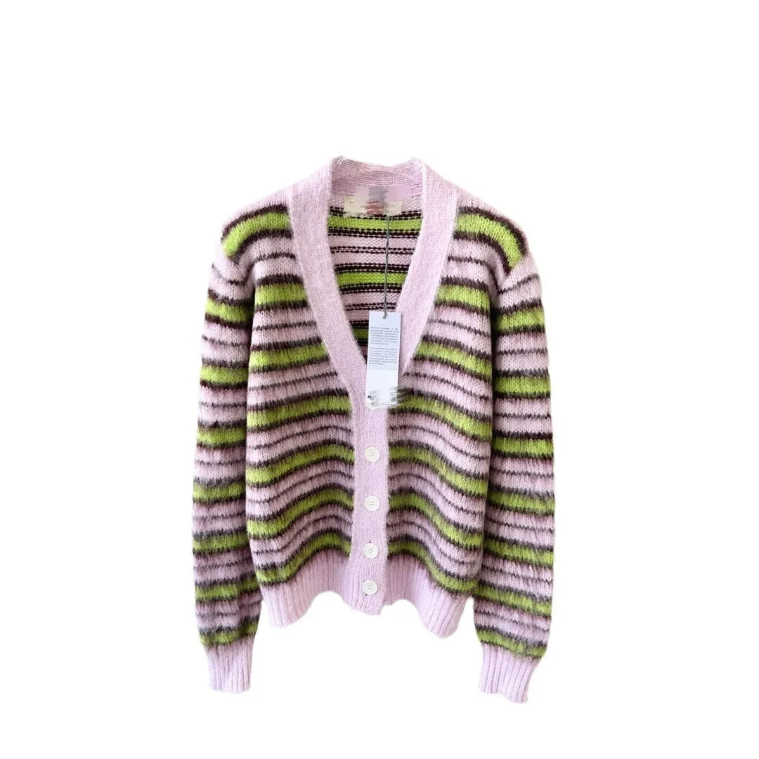 Pink wool knit cardigan sweater in socialite style with contrast colour details