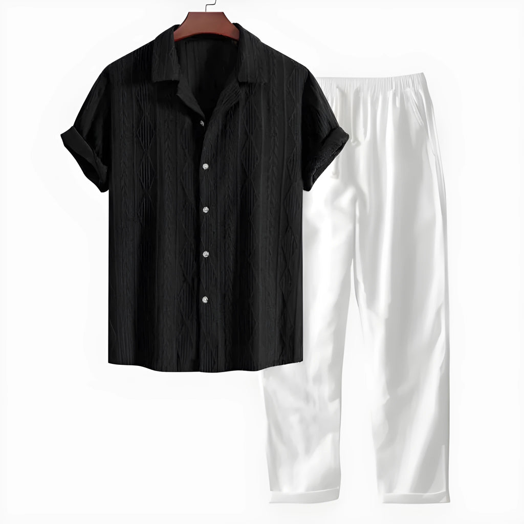 Men's slim fit camouflage print linen-style suit with short sleeve shirt and trousers on a hanger.