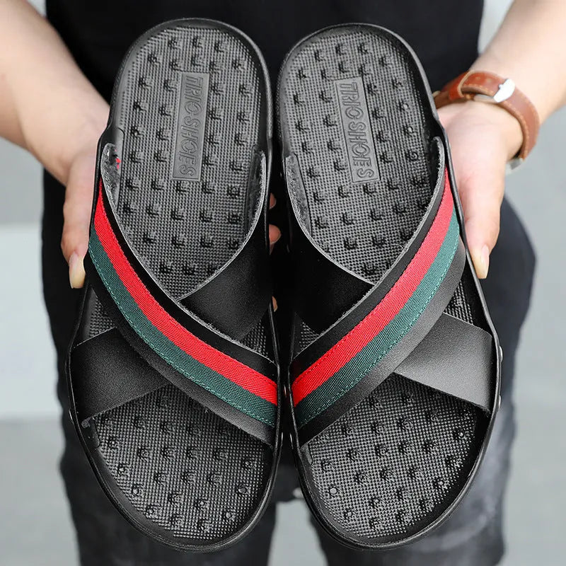 Men's cowhide and PU flip-flop sandals in white, blue, or black on a size chart.