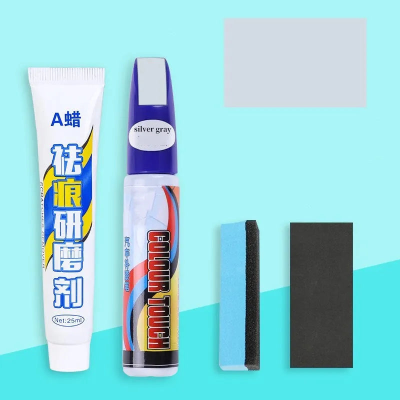 Automotive paint scratch repair kit with touch-up pen, wax, sandpaper, and sponge.