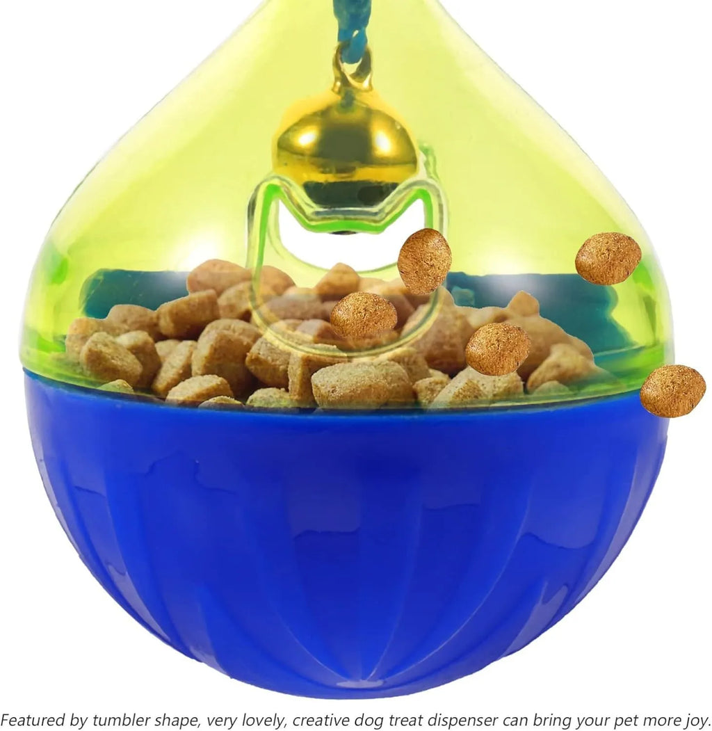 Blue plastic pet treat dispenser tumble ball with treat holes