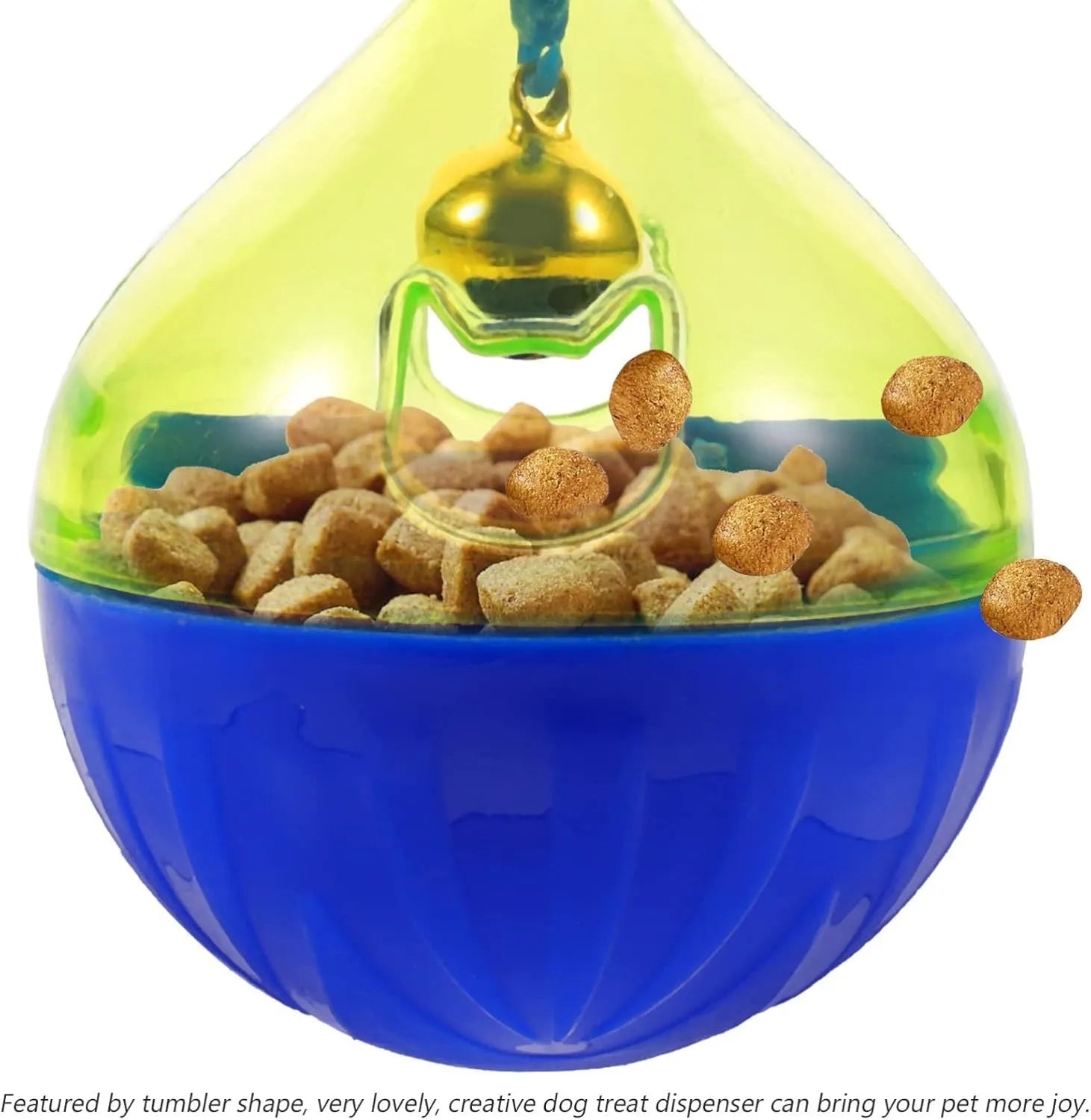 Blue plastic pet treat dispenser tumble ball with treat holes