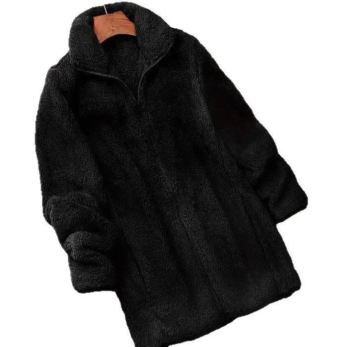 Double-sided velvet fleece jacket in black, shown front-on.