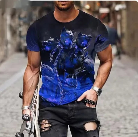 Men's black T-shirt featuring a fierce lion face with 3D printed graphic design.