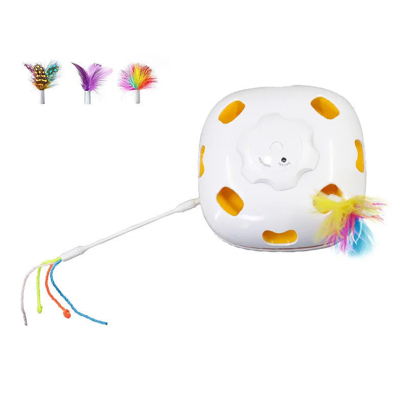 Plastic self-play cat toy with interactive mechanism measuring 19.8x11.5x19.5cm
