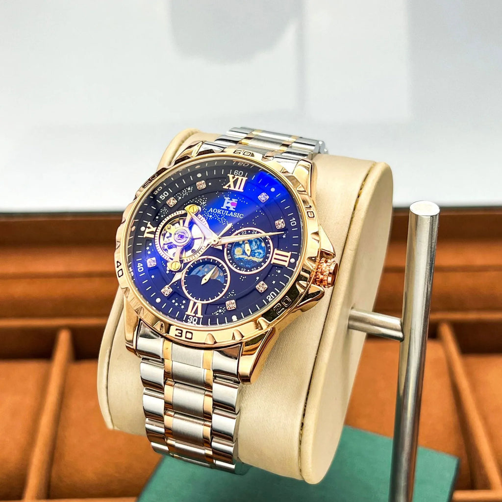 Men's automatic mechanical watch with rose gold shell, black dial, and large multifunctional display.