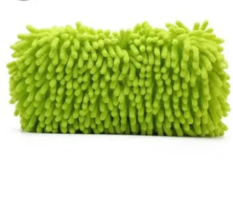 Silvery green chenille microfiber car wash sponge on a white background.