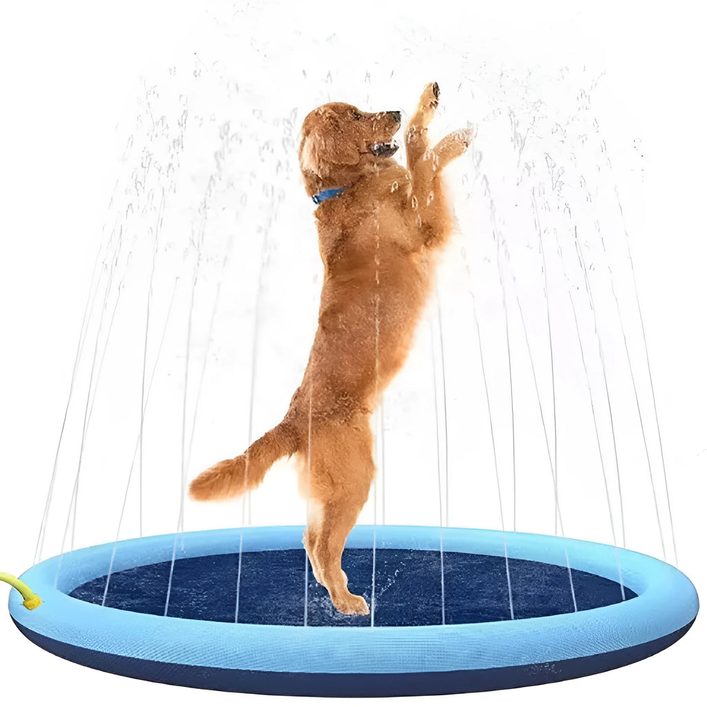 Large blue PVC dog splash pad with anti-slip texture for outdoor water play.