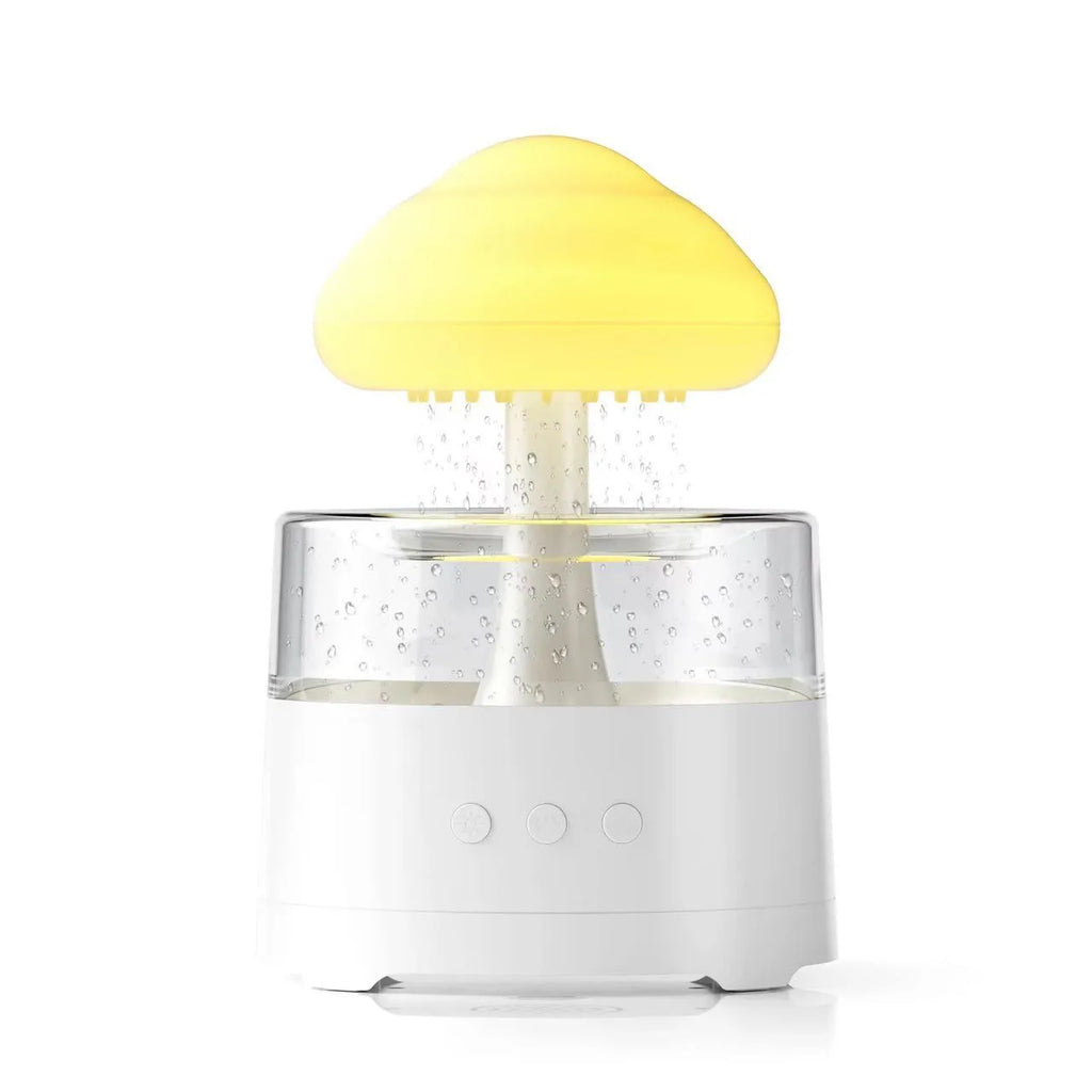 White mushroom cloud resin aroma diffuser and USB humidifier with colourful light on a desktop