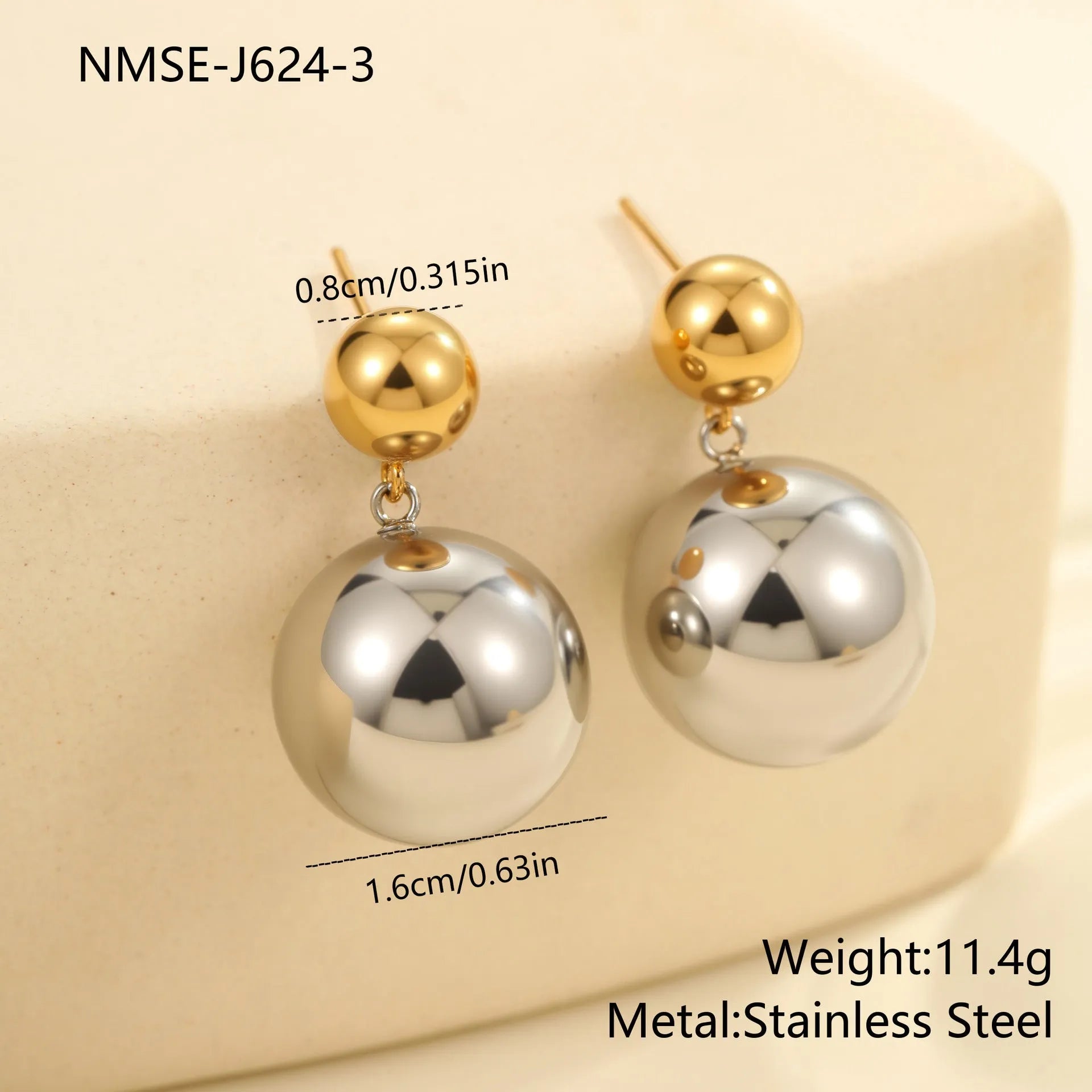 Stainless steel colour-block ear studs with round geometric beads for women