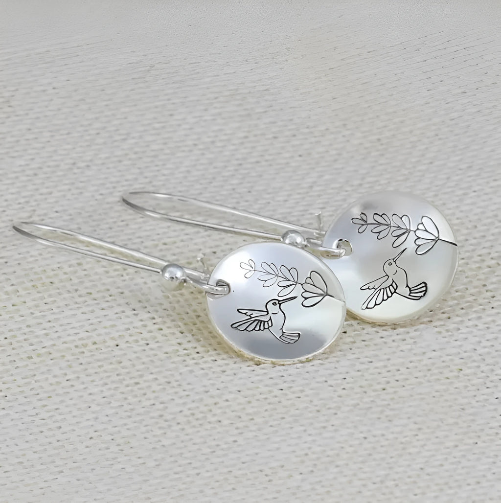 Silver retro women's earrings with bird and floral motifs on round glossy zinc alloy